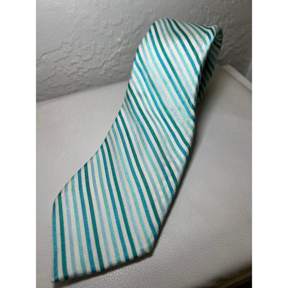 The Tie Bar Striped Necktie Silk Stain Resistant Teal Blue Mens 3.5 inch - Picture 1 of 4